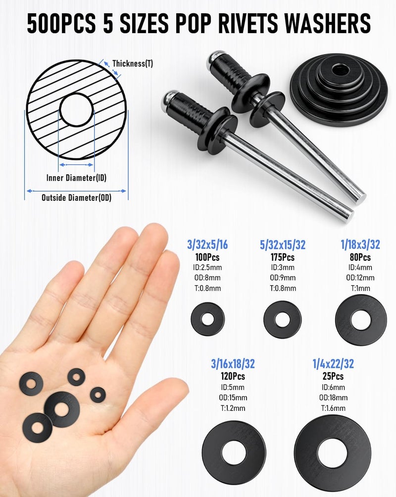 INCLY 1000PCS Pop Rivets Assortment Kit, 14 Sizes Black Rivets for Metal 3/32" 1/8" 5/32" 3/16" 1/4" and 5 Sizes 304 Stainless Steel Washers with Storage Case - Image 3